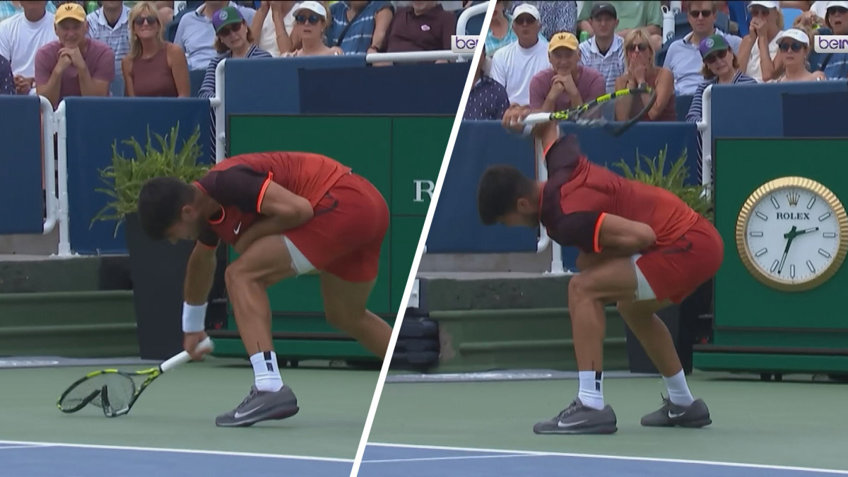 Frustrado Carlos Alcaraz destrói sua raquete em derrota de três sets para Gael Monfils no Cincinnati Open