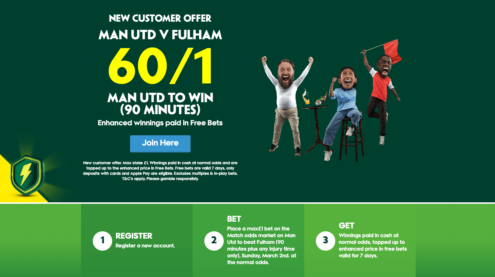 Paddy Power new Customer Offer - Get 60/1 On Man Utd To Win vs Fulham In 90 Minutes