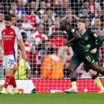 Yoane Wissa celebrates against Arsenal.