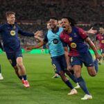 Jules Kounde celebrates the winner for Barcelona in the Copa del Rey final