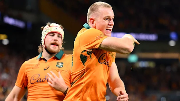 Max Jorgensen, dos Wallabies, comemora um try.