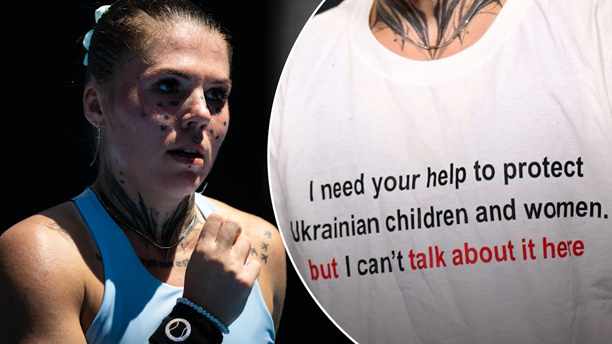 Mensagem da camiseta de Oleksandra Oliynykova para a Ucrânia após derrota no primeiro turno, coletiva de imprensa