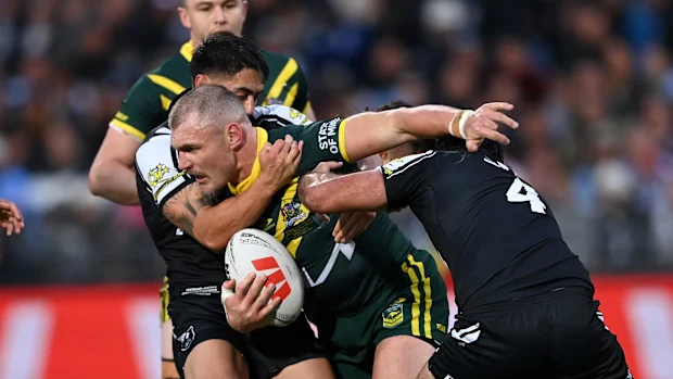 Angus Crichton retratado na última partida teste da Austrália contra a Nova Zelândia em 2024.