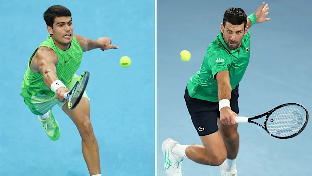 Carlos Alcaraz da Espanha e Novak Djokovic da Sérvia.
