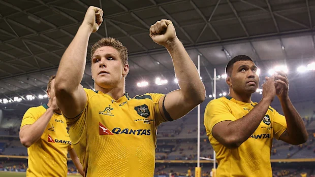 Michael Hooper e Wycliff Palu dos Wallabies agradecem aos fãs em 2013 em Melbourne.