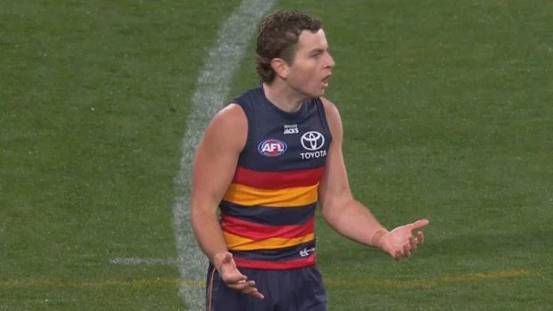 O jogador do Crows, Zac Taylor, reage à chamada fracassada.