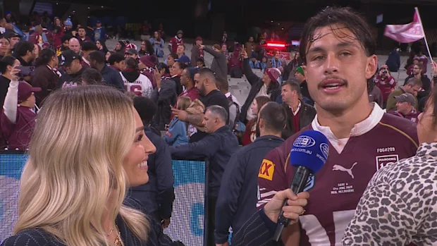 Tino Fa'asuamaleaui fala com Allana Ferguson do Nine após vencer o segundo jogo da série State of Origin.