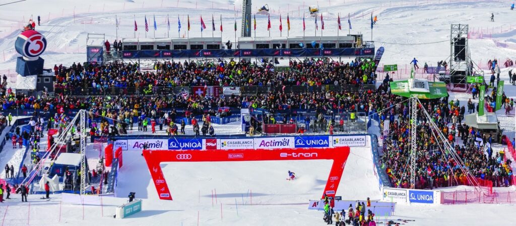 Packed finish arena at the Audi FIS Ski World Cup slalom in Gurgl, Ötztal, Austria