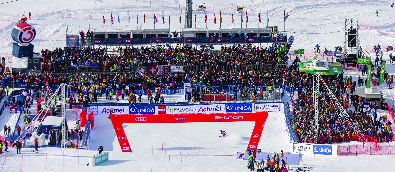 Packed finish arena at the Audi FIS Ski World Cup slalom in Gurgl, Ötztal, Austria
