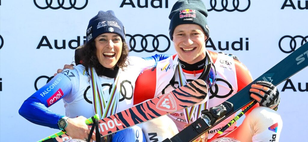 Federica Brignone celebrating on the podium