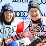 Federica Brignone celebrating on the podium